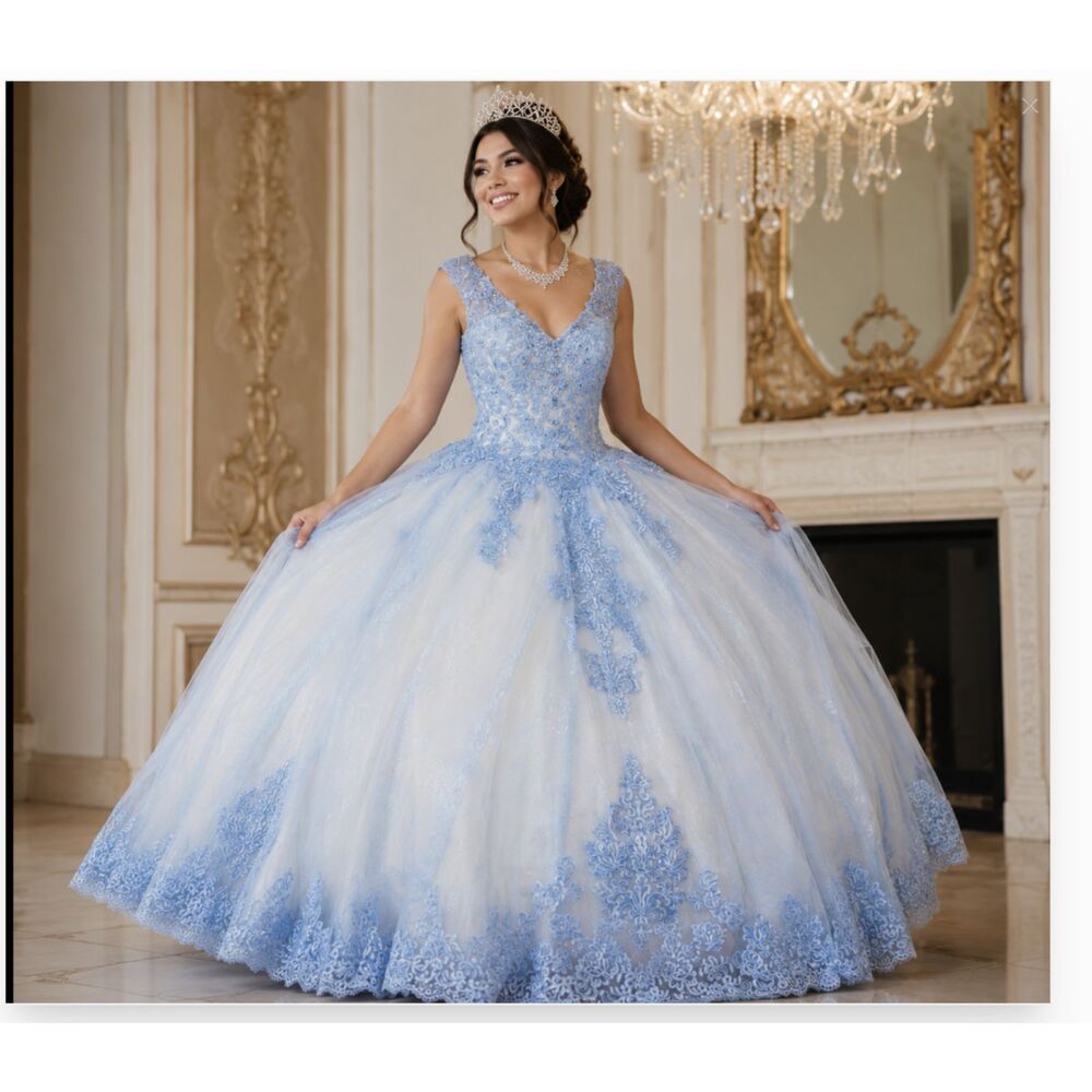 Morilee Madeline Princess Light Blue Quinceañera BallGown Lace Tulle Bead SZ 14